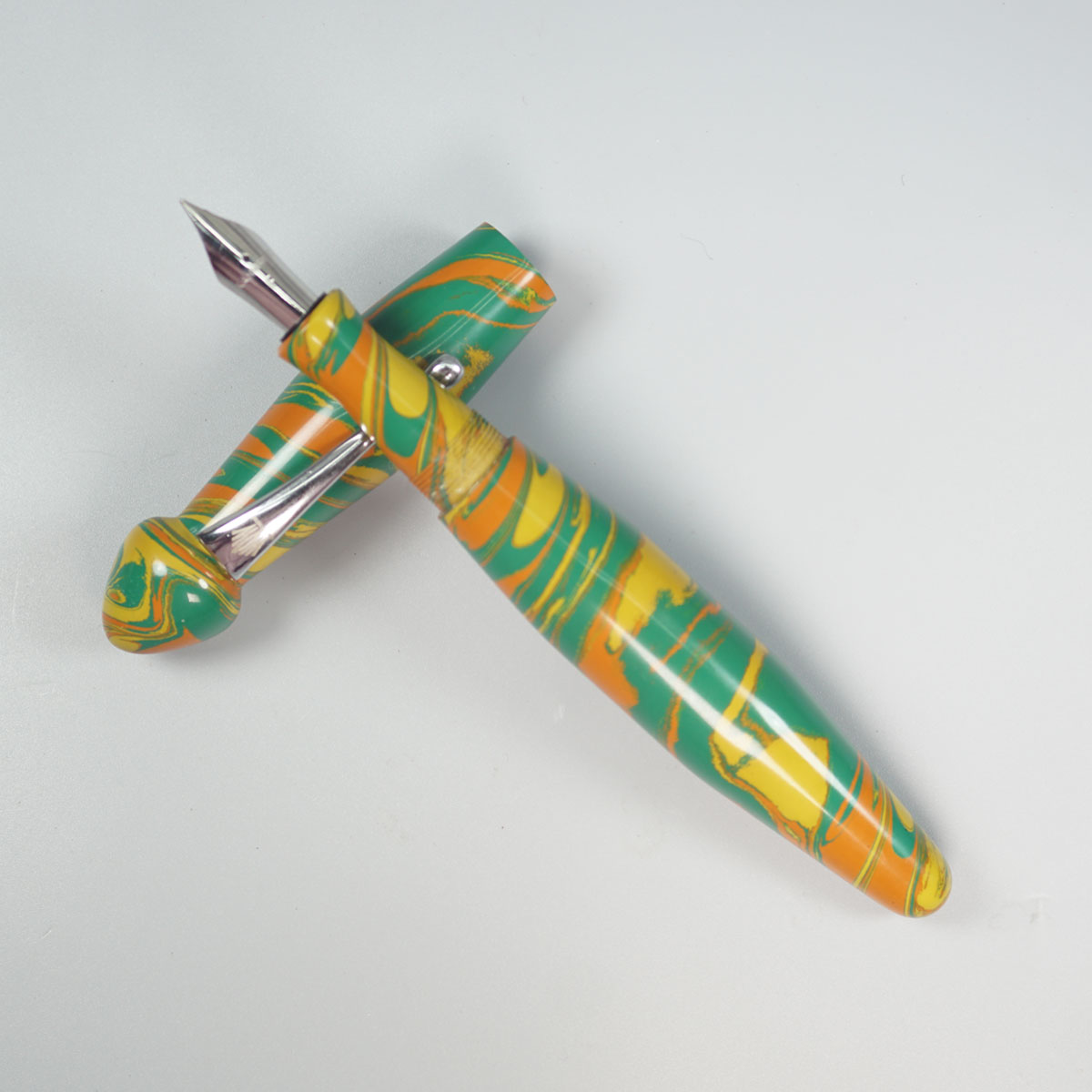 WOW Brand Model 1026A-Kalasham கலசம் 20/20 Classic Ebonite Green Yellow and Orange Color Body and Cap with Silver Clip Eyedropper Plus Cartridge And SCHMIDT Converter Type Fountain Pen Kanwrite Jowo compatible Thread SKU 60149