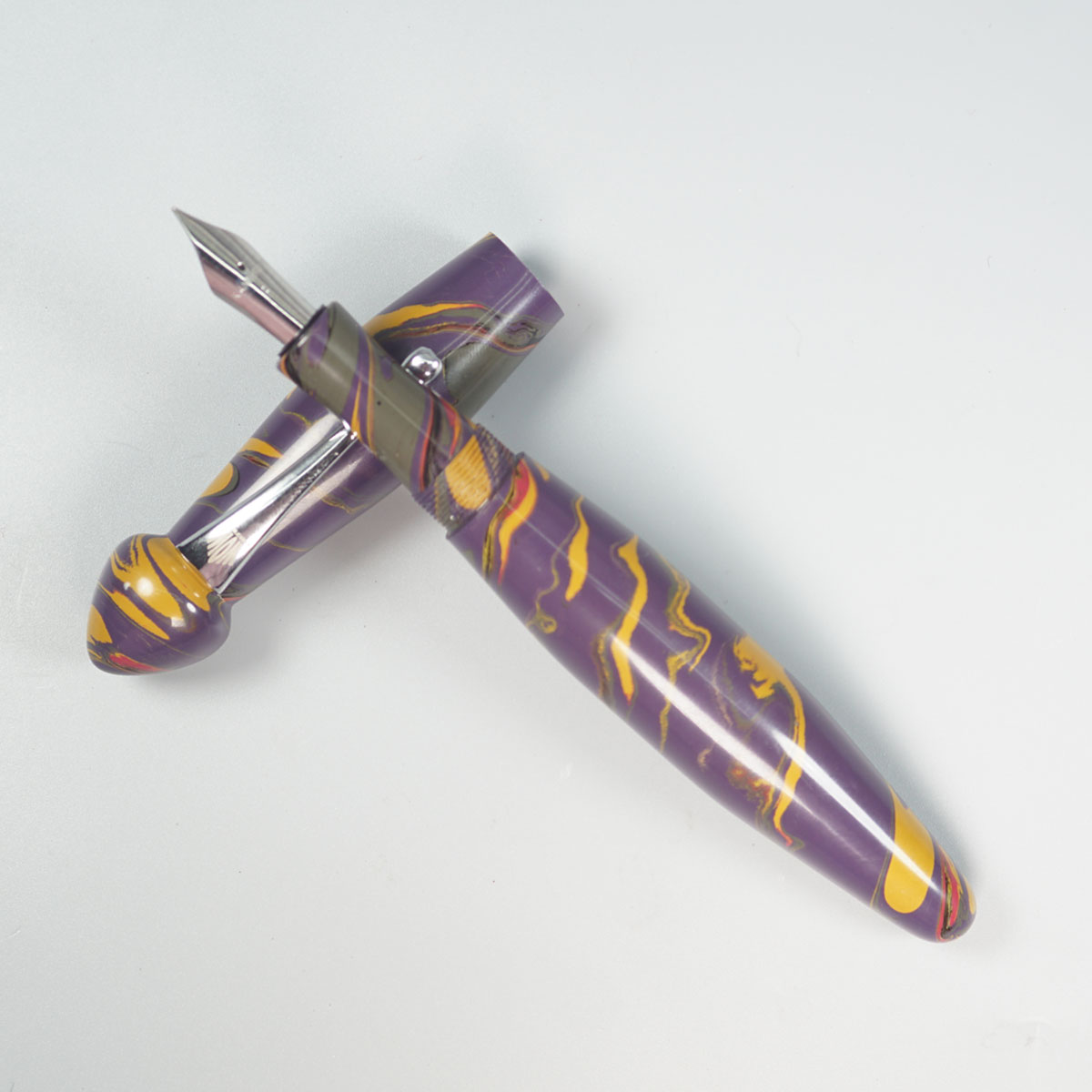 WOW Brand Model 1026A-Kalasham கலசம் 20/20 Classic Ebonite Dark Purple Yellow and Green Color Body and Cap with Silver Clip Eyedropper Plus Cartridge And SCHMIDT Converter Type Fountain Pen Kanwrite Jowo compatible Thread SKU 60150