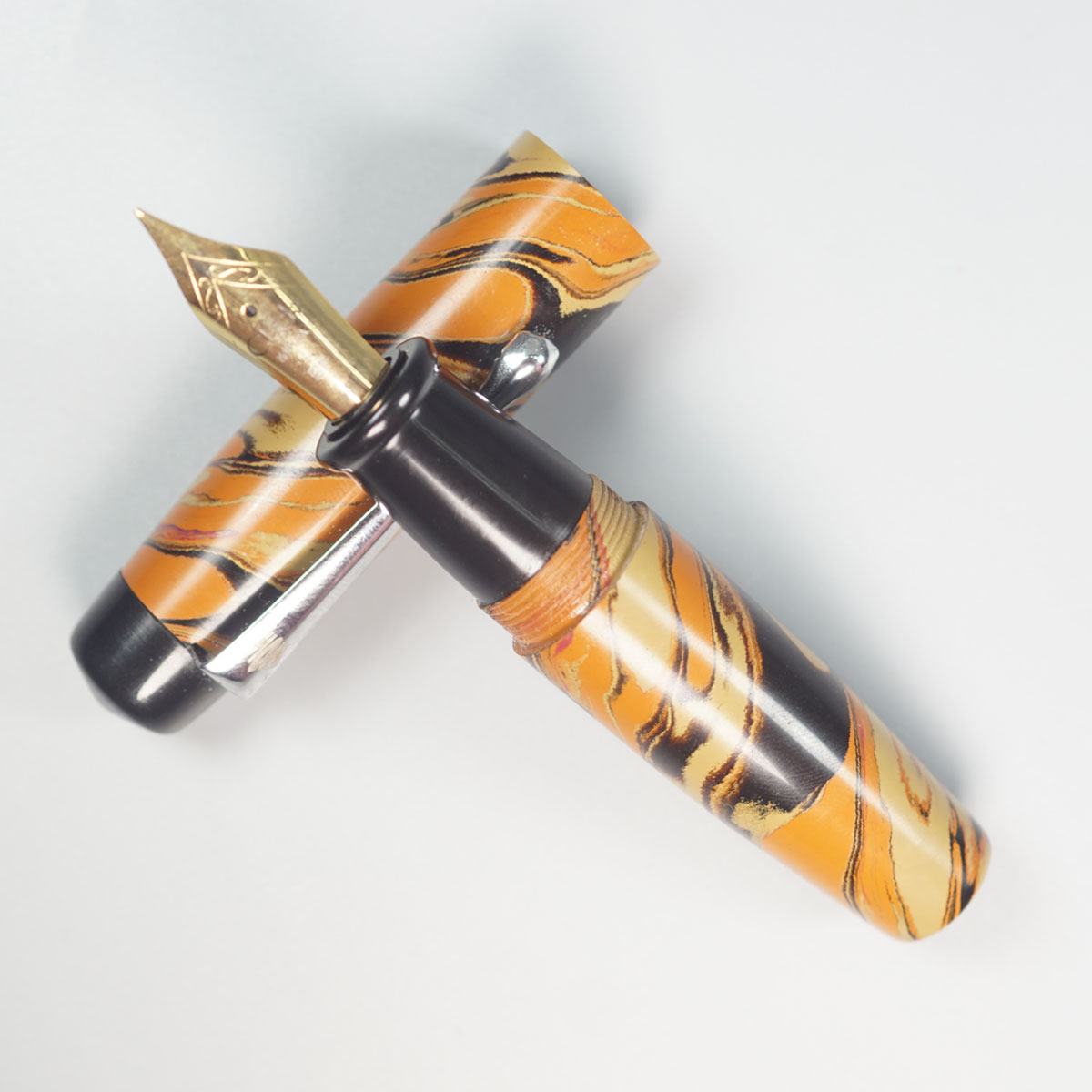 WOW Brand Model-1010A Kural குறள் 16/16mm Handmade Ebonite Orange Black and Beige Color Body and Cap with Silver Clip Eyedropper Model Fountain Pen Click Nib Thread SKU 60170