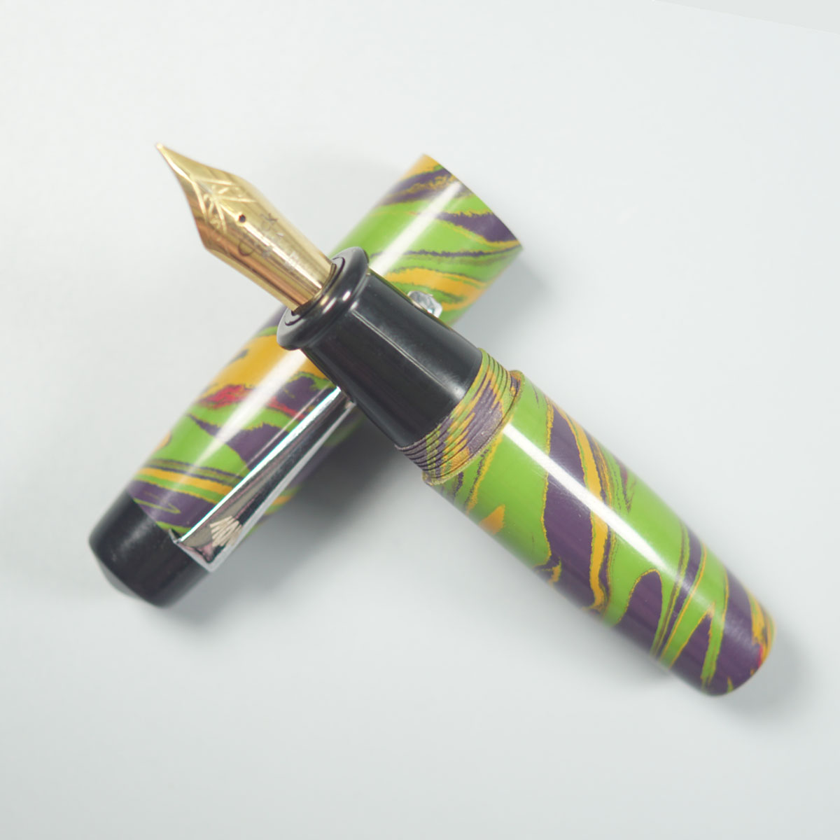 WOW Brand Model-1010A Kural குறள் 16/16mm Handmade Ebonite Green Yellow and Purple Color Body and Cap with Silver Clip Eyedropper Model Fountain Pen Click Nib Thread SKU 60169