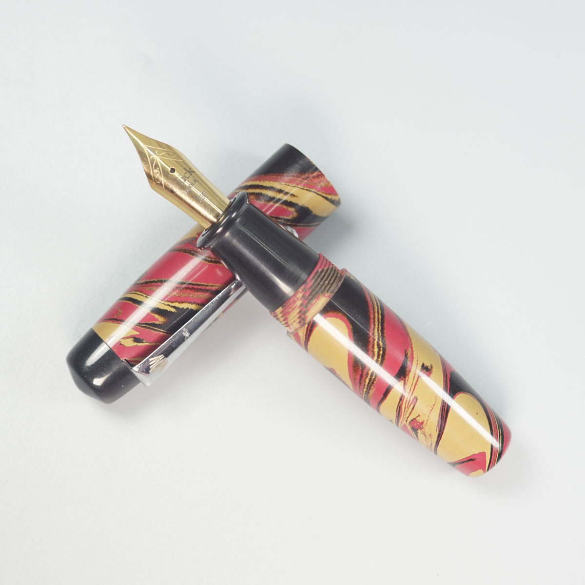 WOW Brand Model-1010A Kural குறள் 16/16mm Handmade Ebonite Red Beige and Black Color Body and Cap with Silver Clip Eyedropper Model Fountain Pen Click Nib Thread SKU 60167