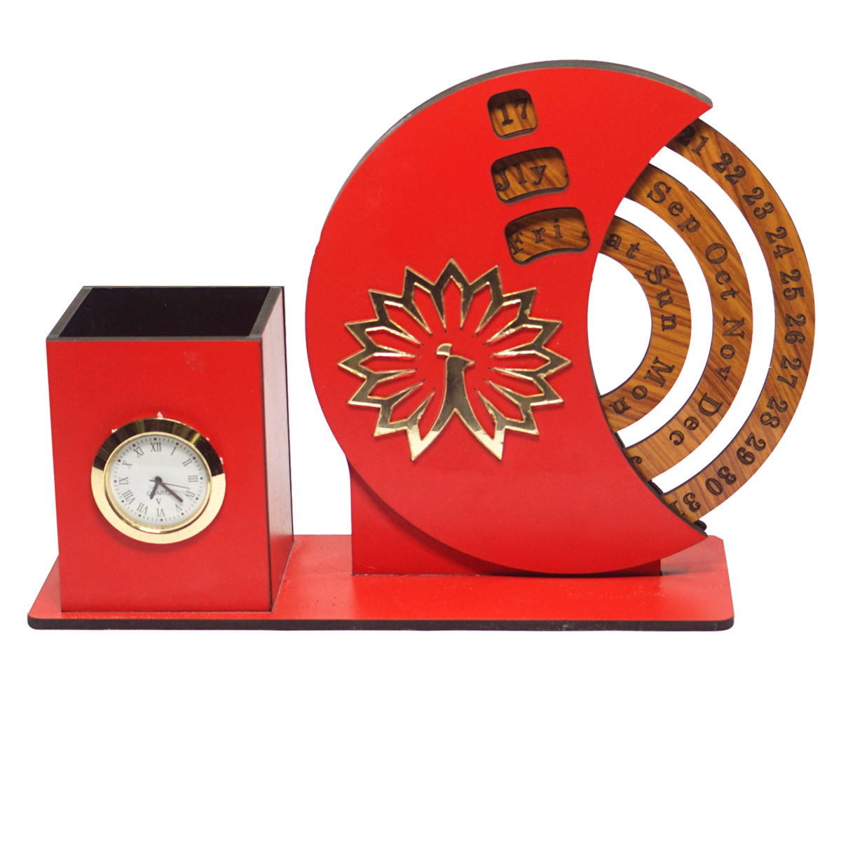 penhouse.in Customizable MDF Red Color 160mm X 200mm Pen Stand With Calender SKU MCA001