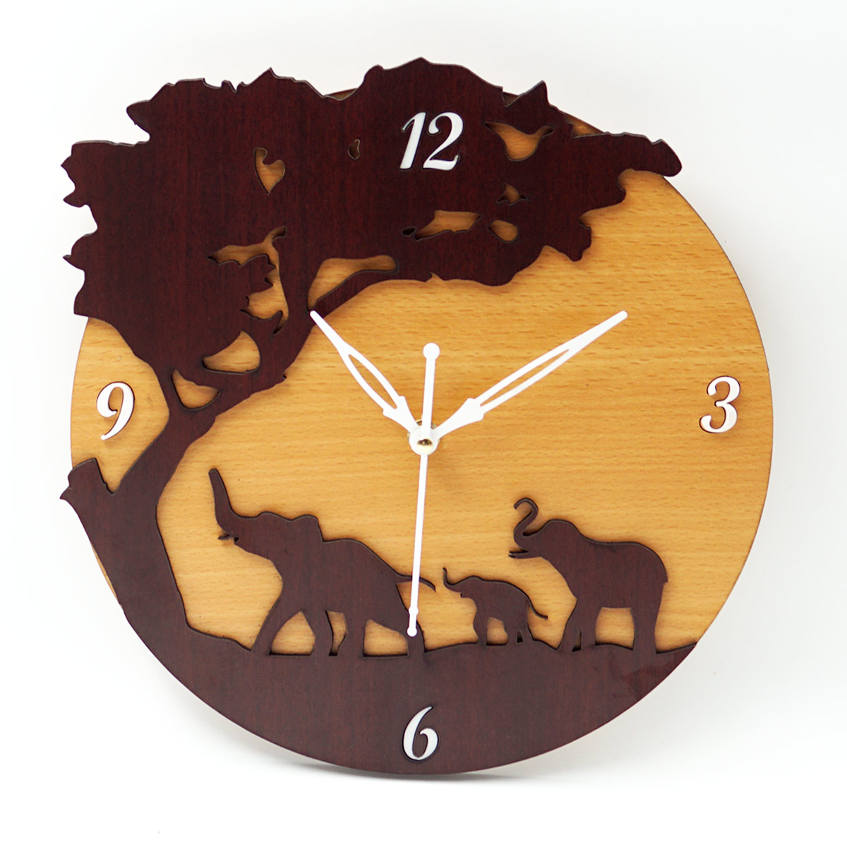 Customizable MDF Wooden Color Tree With Elephant Design Wall Clock SKU MCC022