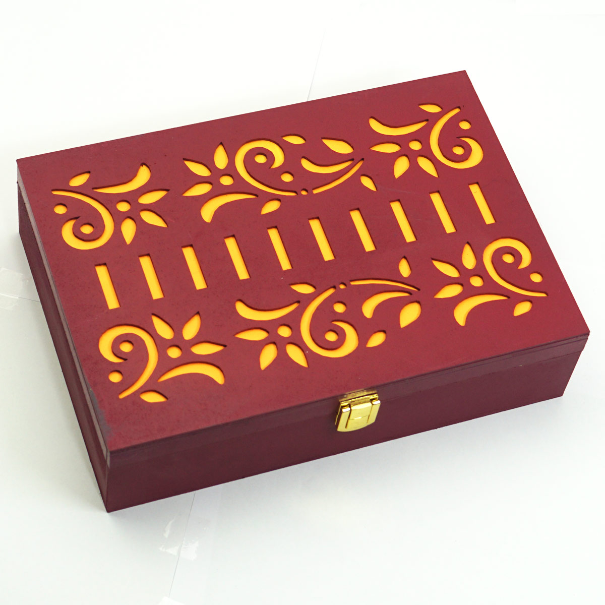 penhouse.in Customisable MDF Multi Purpose Maroon Color With Orange Design 250mm X 175mm Wooden Box 250mm X 175mm MDF SKU MDP057