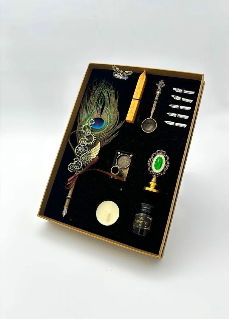 penhouse.in Gun Metal Luxury Vintage Feather Quill Dip Calligraphy Fountain Pen Writing Ink 5 Nibs Set With Seal Wax SKU 26737