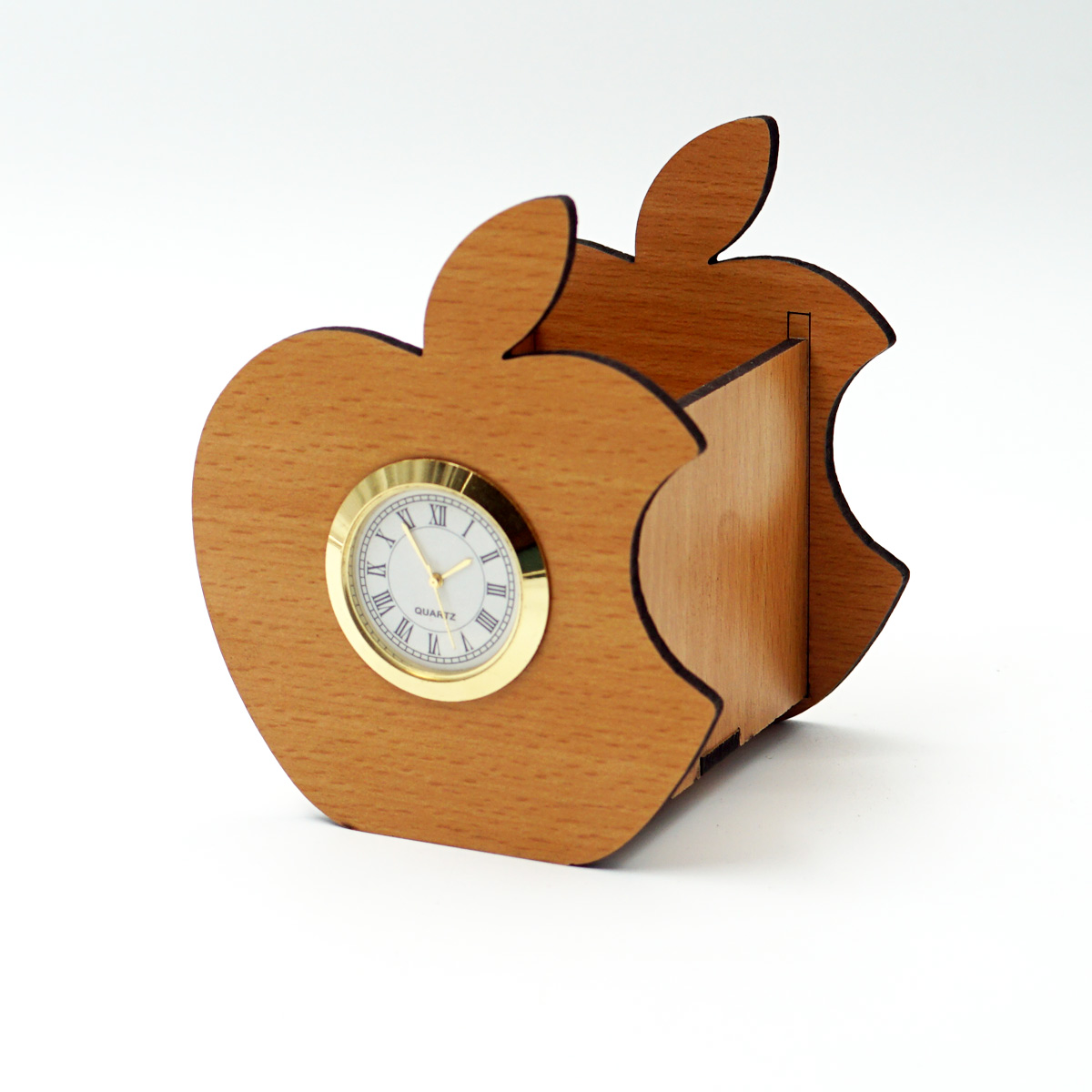 Customizable MDF Brown Color Apple Design With Clock Pen Stand SKU MPS026