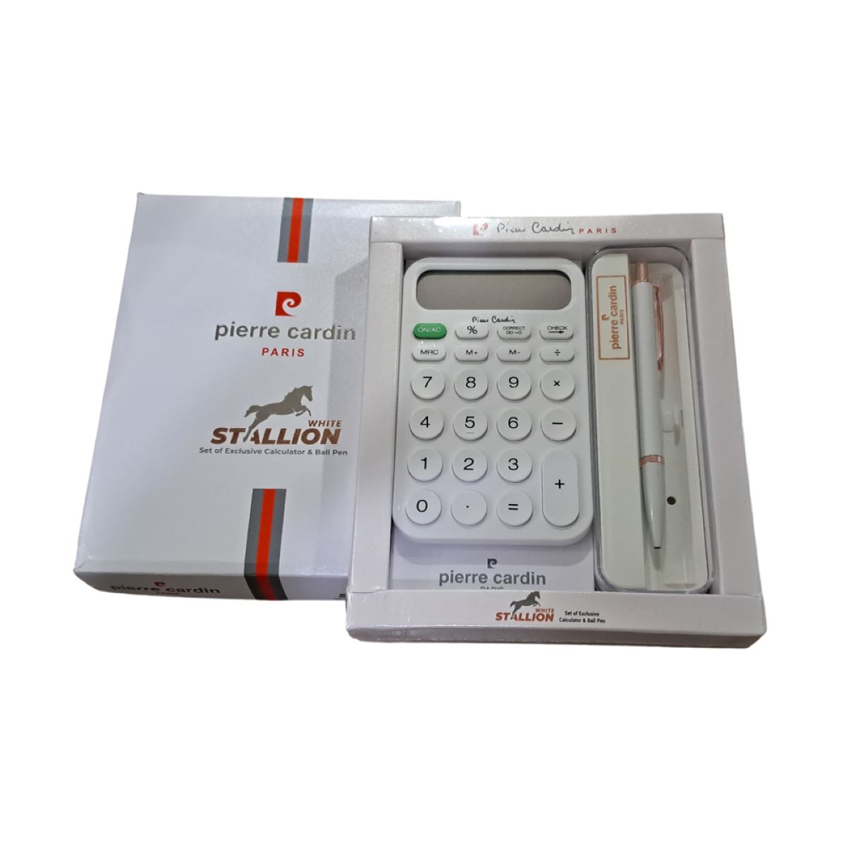 pierre cardin White Stallion Set of Exclusive Calculator Simple and Elegant 12 Digit Display portable with White Color body copper clip Ball Pen SKU 26613