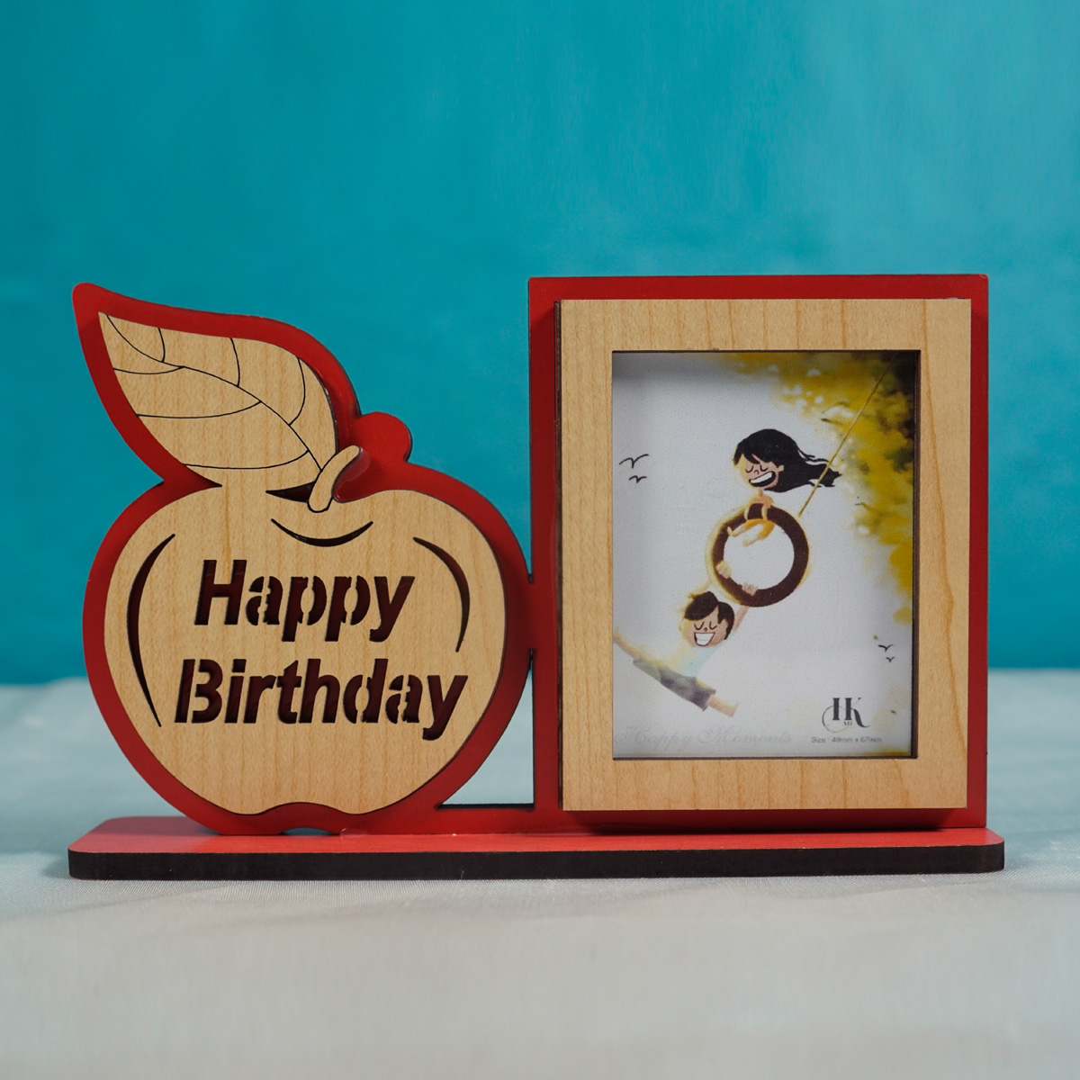 Penhouse.in Happy Birthday Wooden Apple Design Gift Photo Frame Tabletop Red Color SKU 51664