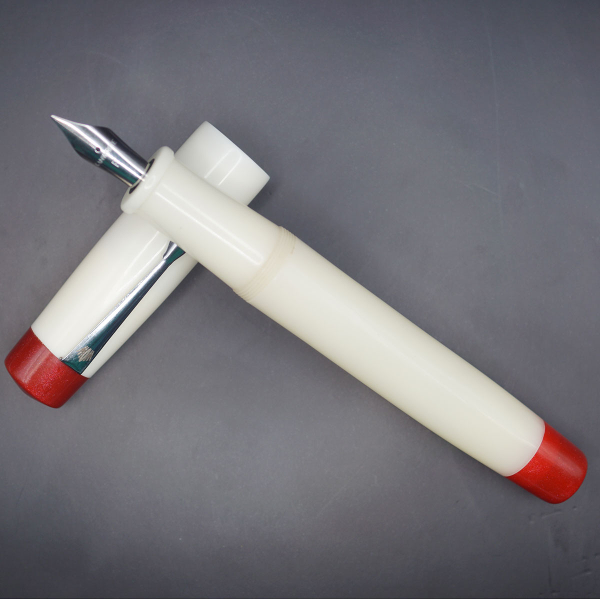 WOW Brand Model-1034A Thantham தந்தம் Handmade Resin White Color Body and Cap with Silver Clip Top and Bottom Resin Red Color Glitter Eyedropper Plus Cartridge And Regular Converter Type Fountain Pen Kanwrite Jowo compatible Thread SKU 60157