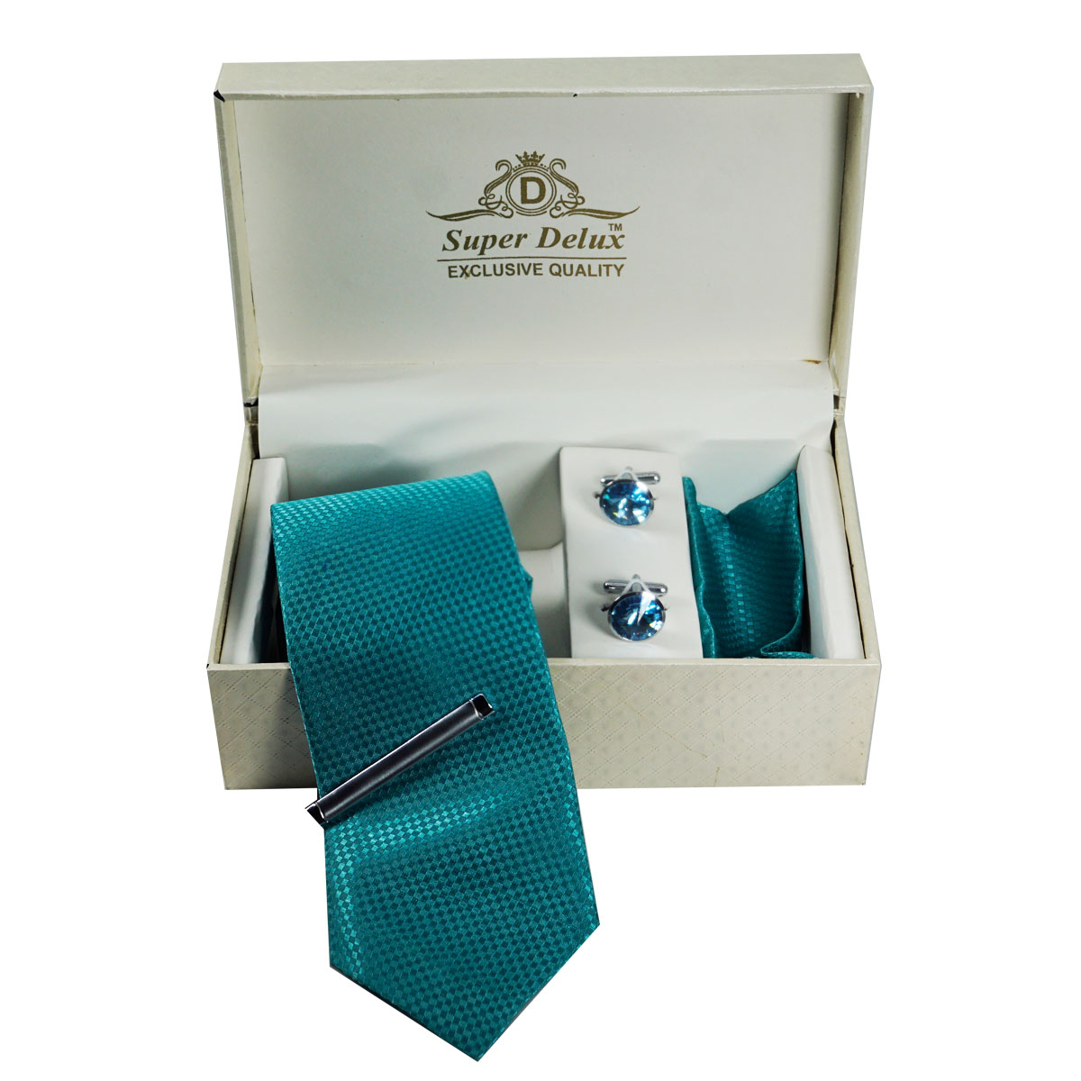 penhouse.in Premium Peacock Green Color Medium Mens Tie Silver Color Metal Tie pin Silver With Blue Color Diamond Stone Cufflinks set SKU 51755