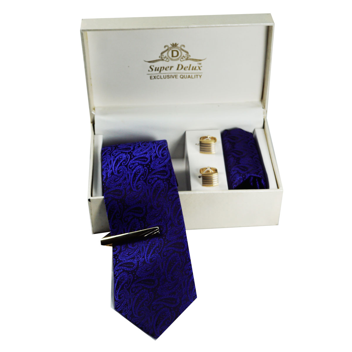 Penhouse.in premium Blue Color Medium Mens Tie Gold With Silver Color Metal Tie Pin Gold Color With Silver Cufflinks set SKU 51756