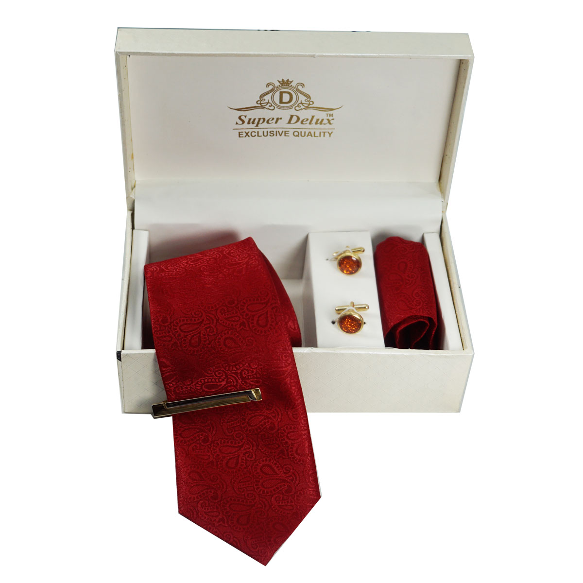 penhouse.in Premium Maroon Color Medium Mens Tie  Gold With Silver Color Metal Tie Pin Gold With Orange Glitter Cufflinks set SKU 51757