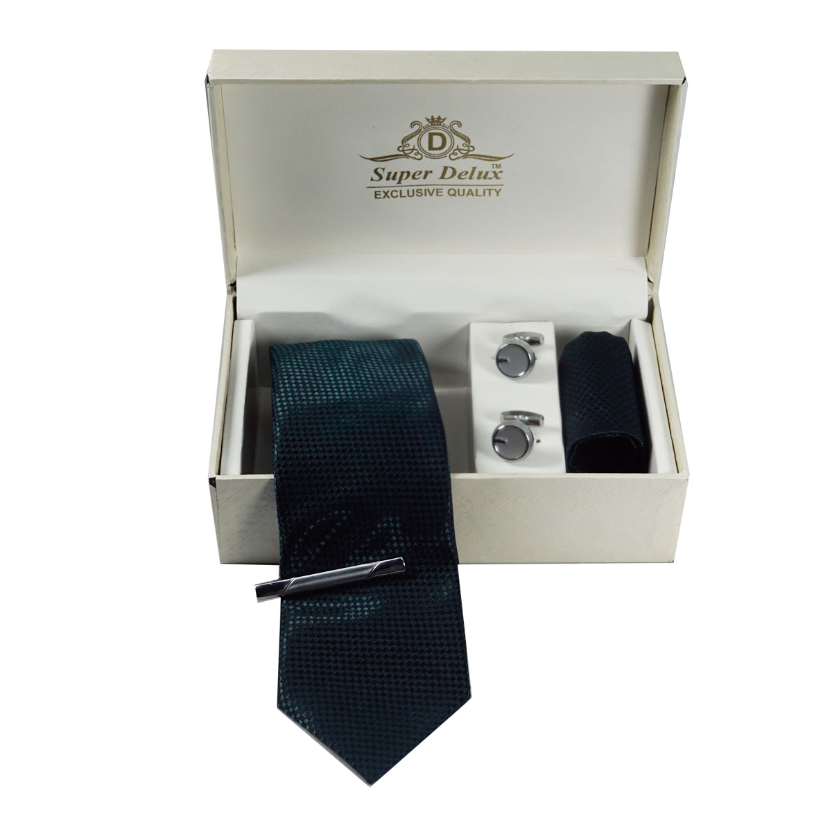 penhouse.in Premium Dark Green Color Medium Mens Tie Silver Color Metal Tie Pin Silver Cufflinks set SKU 51758