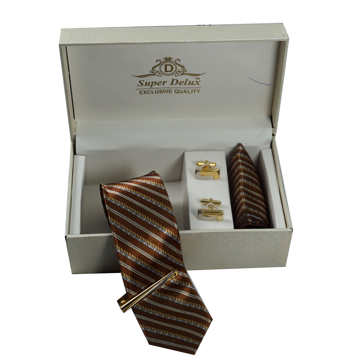 penhouse.in Premium Printed Brown Color Medium Mens Tie Gold Color With Silver Cufflinks Gold With Silver Color Metal Tie Pin set SKU 51748