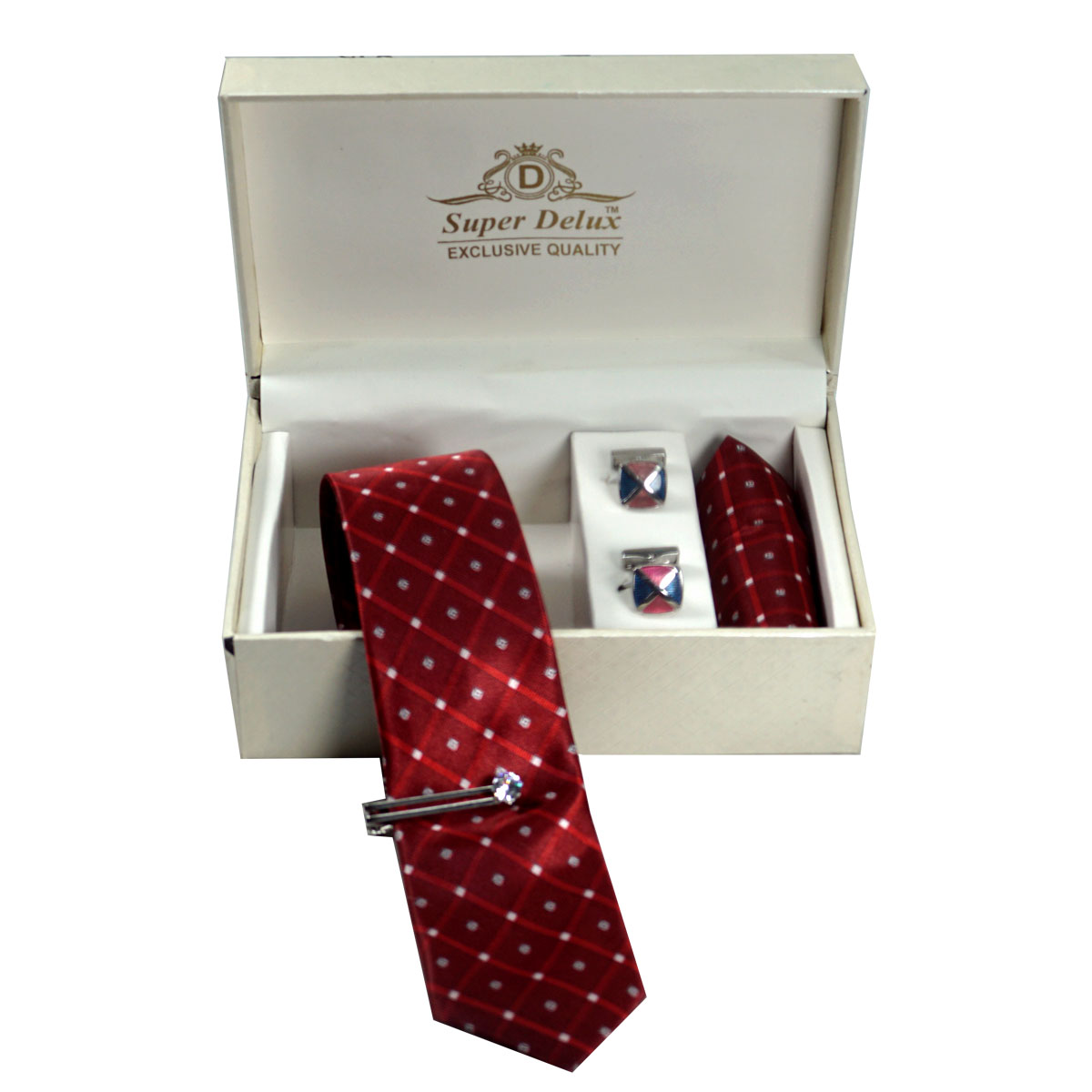 penhouse.in Premium Printed Maroon Color Medium Mens Tie Pink With Blue Cufflinks Silver Color With Stone Metal Tie Pin set SKU 51749