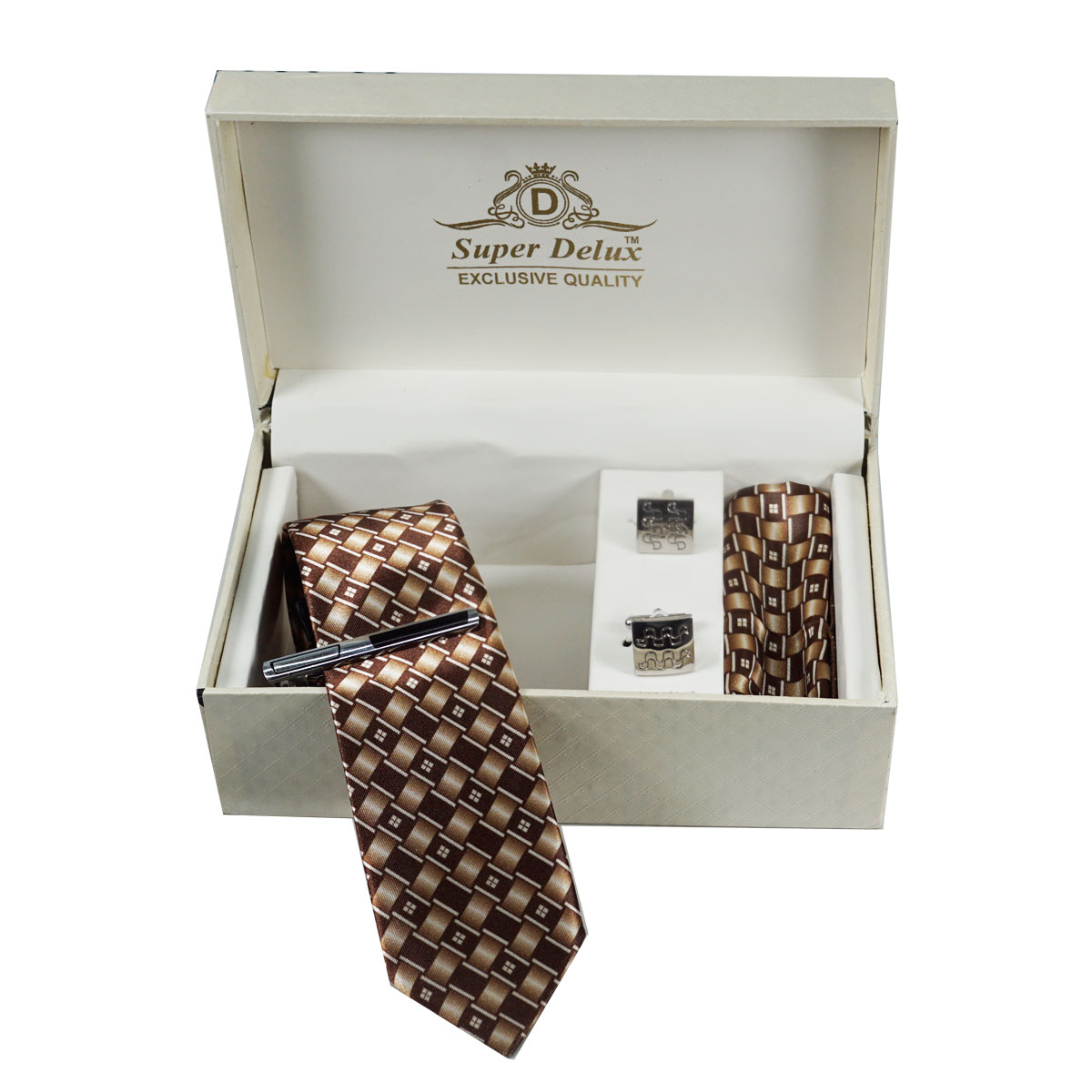 penhouse.in Premium Printed Brown Color Medium Mens Tie Silver With Black Color Metal Tie Pin Metal Cufflinks set SKU 51750