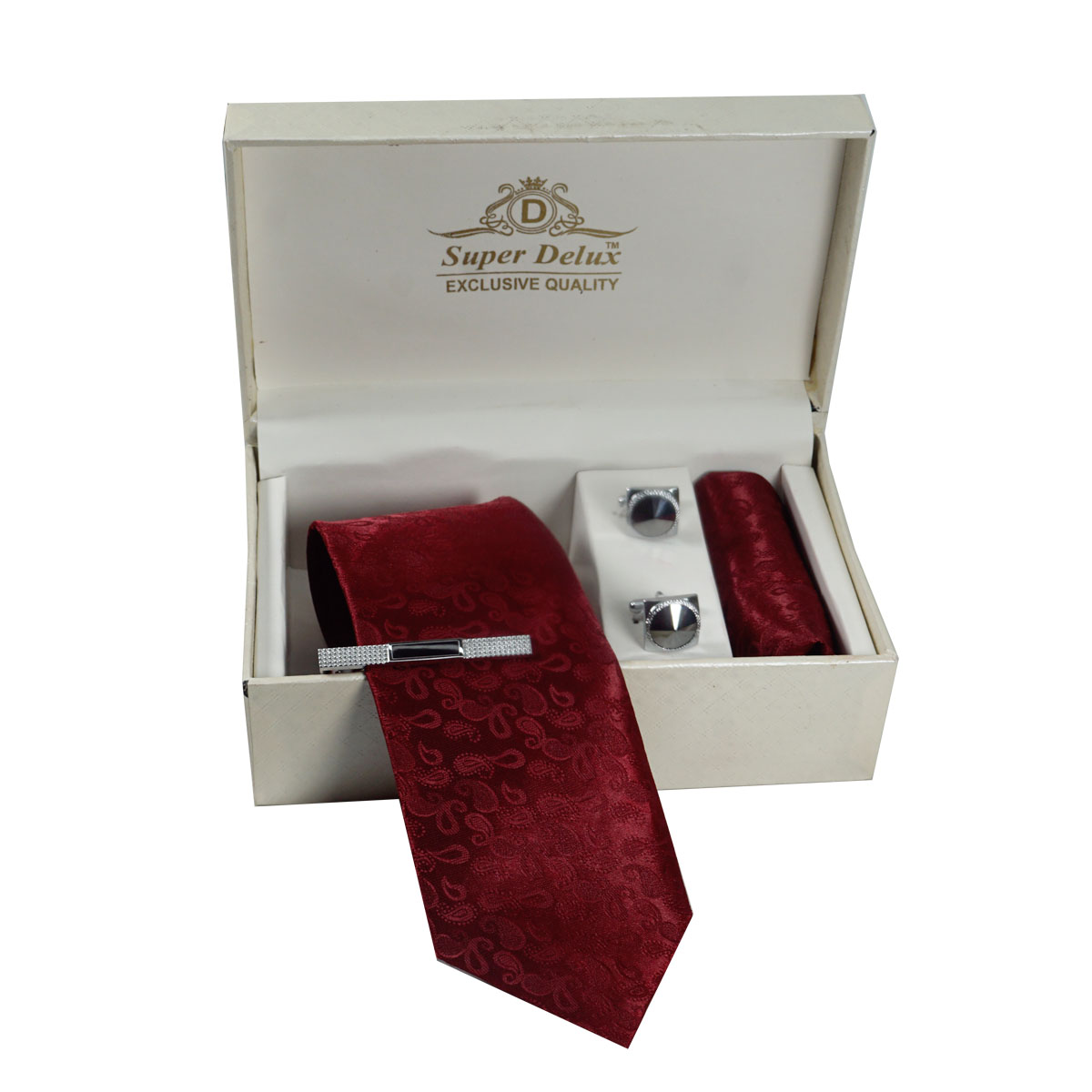 penhouse.in Premium Maroon Color Medium Mens Tie Silver With Black Color Diamond Stone Cufflinks, Silver With Black Color Metal Tie Pin set SKU 51751