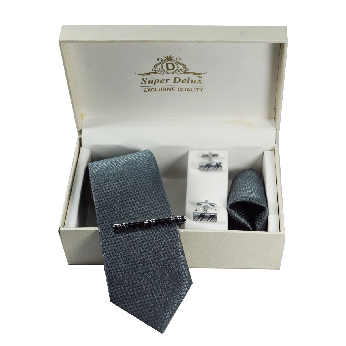 penhouse.in Premium Grey Color Medium Mens Tie Silver With Black Color Metal Tie Pin Silver Cufflinks set SKU 51752