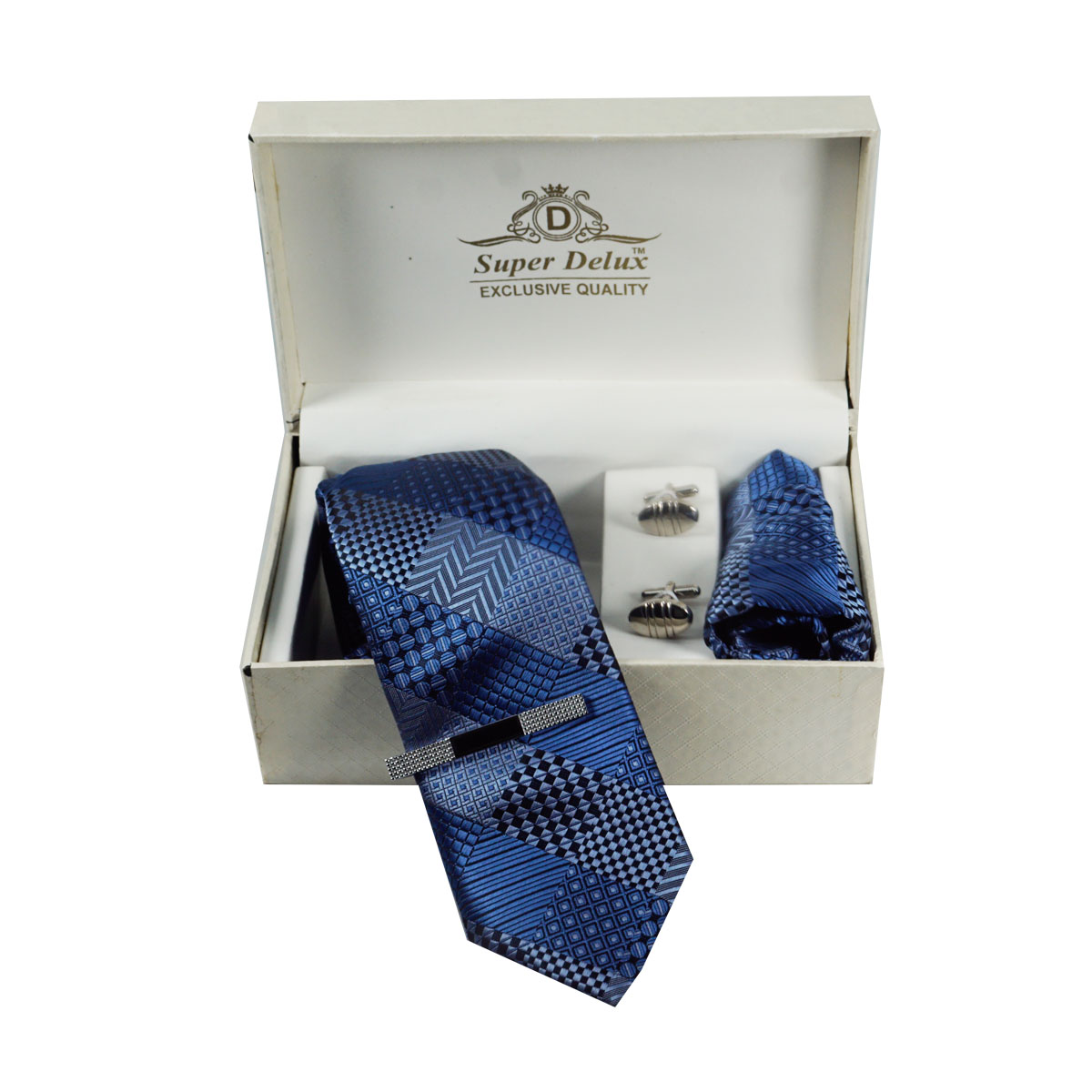 penhouse.in Premium Blue With Black Color Medium Mens Tie Silver Color Metal Cufflinks Silver With Black Color Metal Tie Pin set SKU 51754