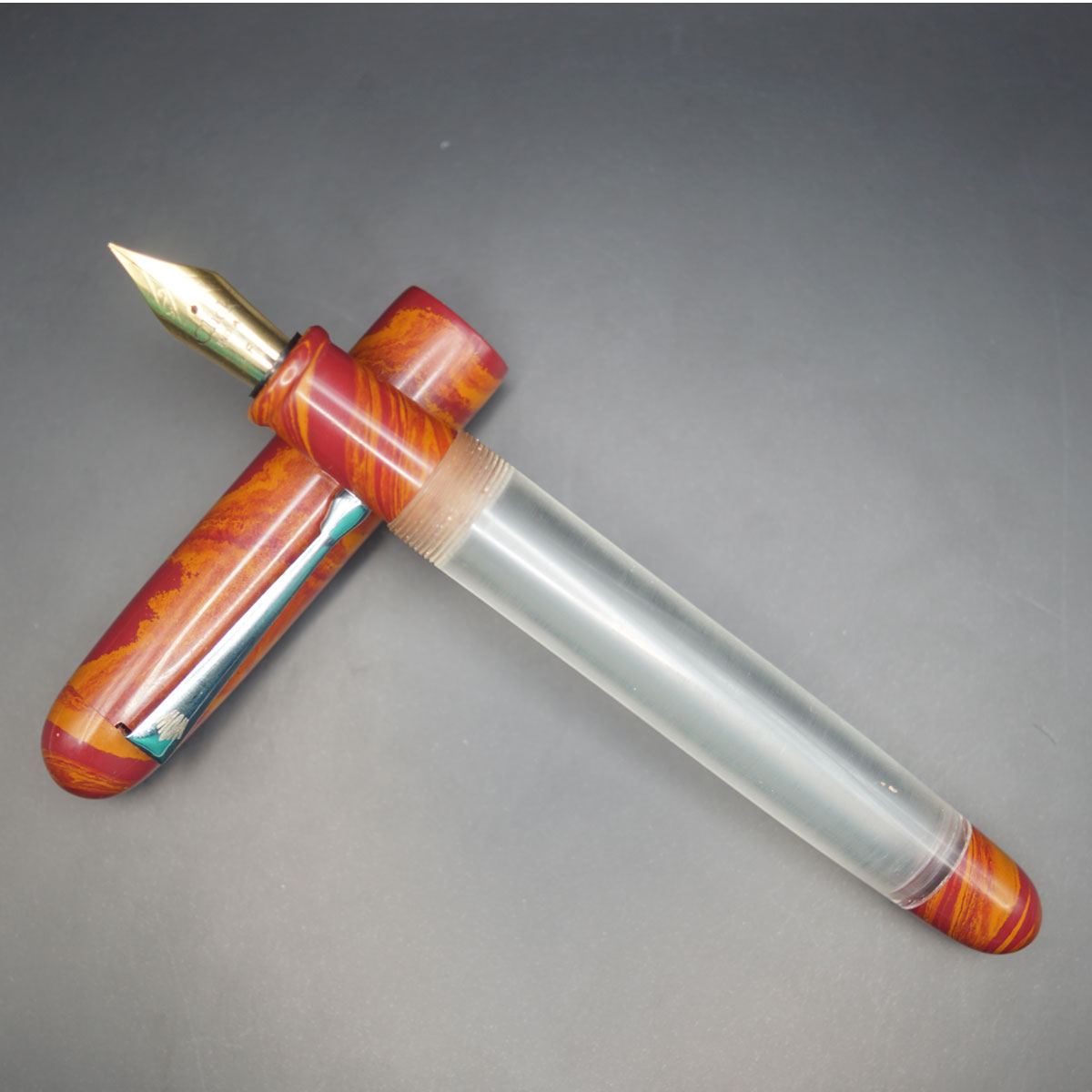 WOW Brand Model-1022A Velir Pirai வெளிர் பிறை 16/14mm Handmade  Acrylic Transparent Body with Ebonite Ruby  Red and Orange Color Cap Silver Clip Eyedropper Plus Cartridge And Regular Converter Type Fountain Pen Click  Nib Thread SKU 60164