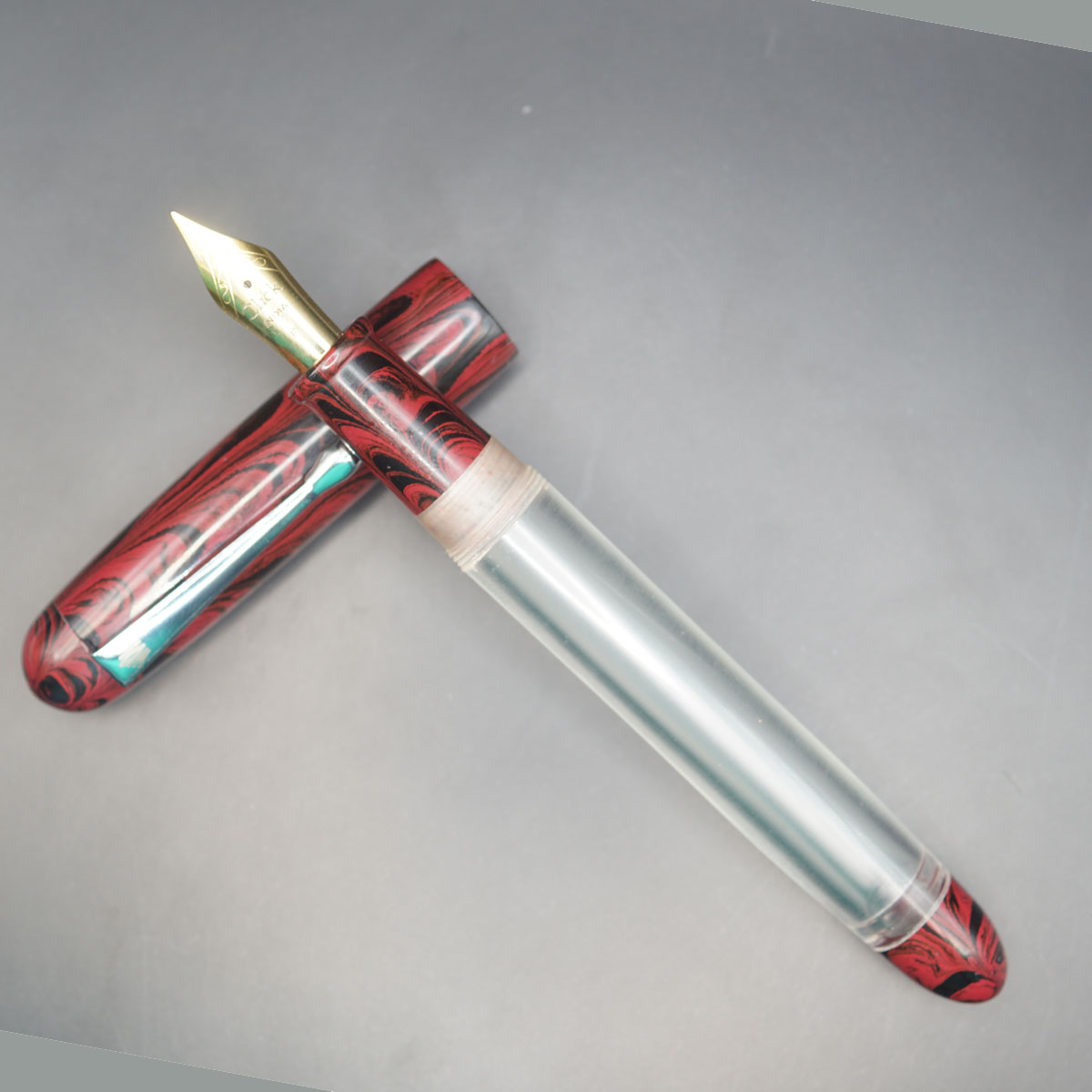 WOW Brand Model-1022A Velir Pirai வெளிர் பிறை 16/14mm  Handmade Acrylic Transparent Body with Ebonite Red and Balck Color Cap Silver Clip Eyedropper Plus Cartridge And Regular Converter Type Fountain Pen Click  Nib Thread SKU 60163