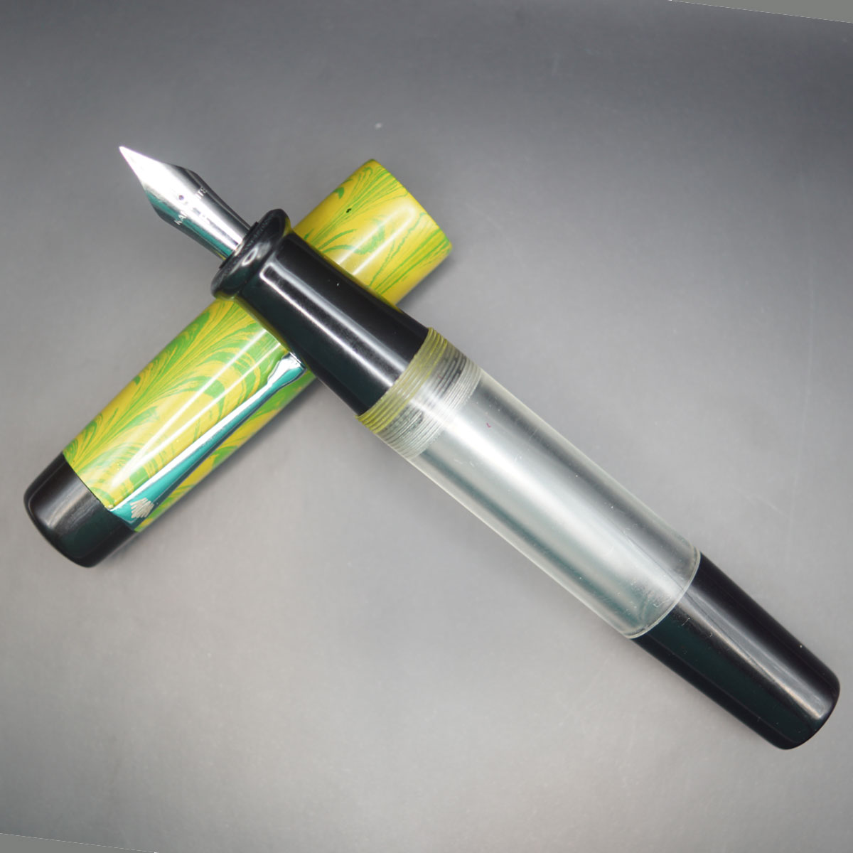 WOW Brand Model-1031A Venmathi வெண்மதி 20/20mm Handmade Acrylic Transparent Body with Green and Yellow Color Cap Silver Clip Eyedropper Plus Cartridge And SCHMIDT Converter Type Fountain Pen Kanwrite Jowo compatible Thread SKU 60154