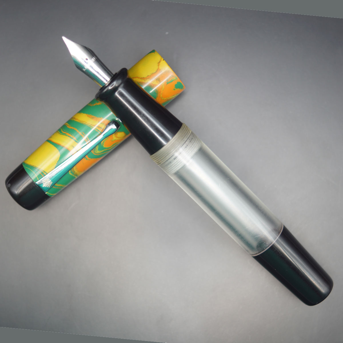 WOW Brand Model-1031A Venmathi வெண்மதி 20/20mm Handmade Acrylic Transparent Body with Green Yellow and Orange Color Cap Silver Clip Eyedropper Plus Cartridge And SCHMIDT Converter Type Fountain Pen Kanwrite Jowo compatible Thread SKU 60153