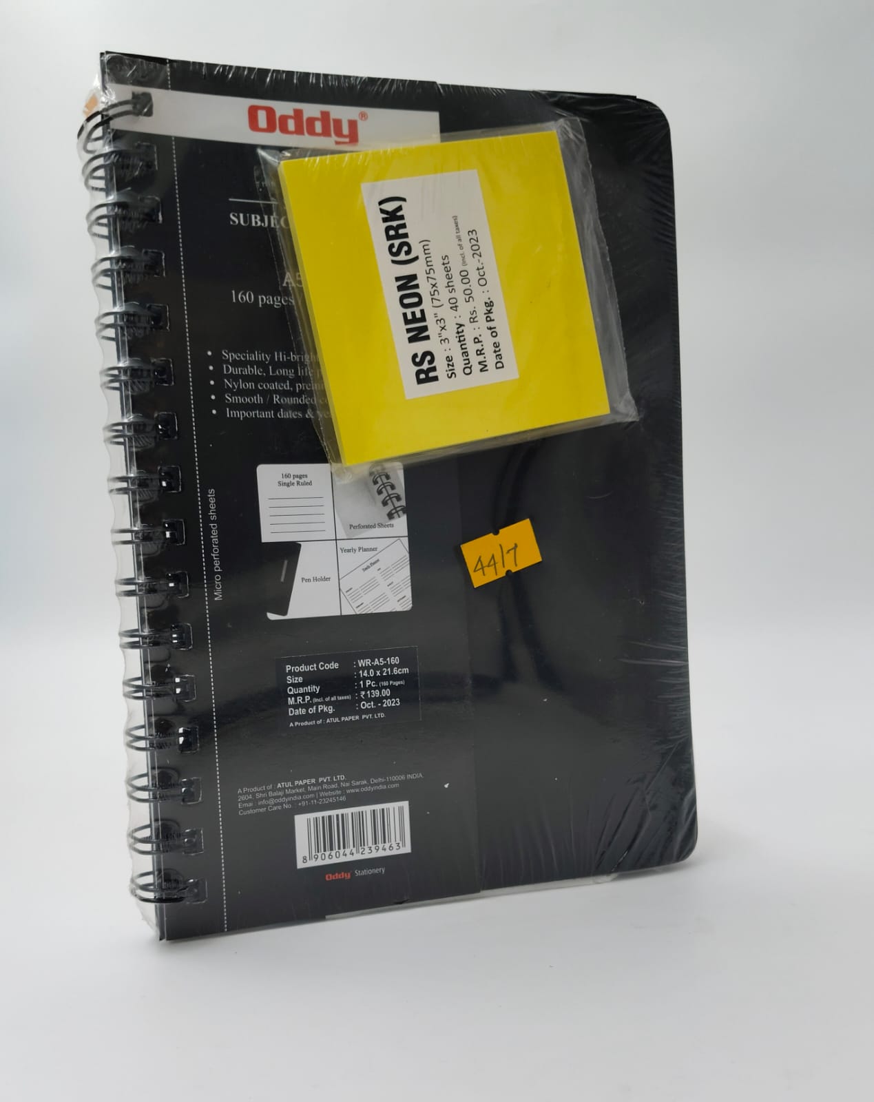 Oddy Wiro A5 Size Black Color Cover 160 Pages Ruled Spiral Subject Note Book With Yellow Color Sticky Note SKU 25959