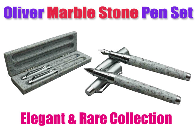 Oliver Marble Stone Fountain Pen And Roller Ball Pen Set With Marble Stone Box Model 18667
